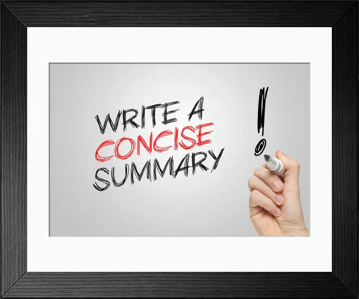 Framed Print : Hand writing write a concise summary on grey background Framed Print : Hand writing write a concise summary on grey background