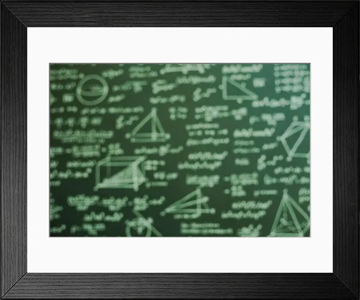 Framed Print : a bit blur Math on dark green board with many solution Framed Print : a bit blur Math on dark green board with many solution