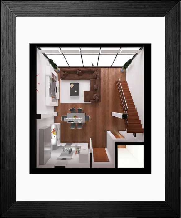 Framed Print : 3D Interior rendering of a modern tiny loft Framed Print : 3D Interior rendering of a modern tiny loft