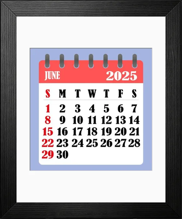 Framed Print : Letter calendar for June 2025. The week begins on Sunday