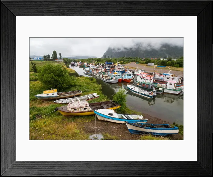 Framed Print : Fishing boats on the Aysen River at Puerto Aysen near Castro, Chile, South America Framed Print : Fishing boats on the Aysen River at Puerto Aysen near Castro, Chile, South America