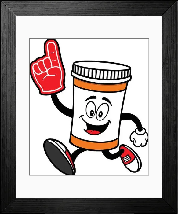 Framed Print : Pill Bottle Running with Foam Finger- A Cartoon Illustration of a Pill Bottle Running with a Foam Finger Framed Print : Pill Bottle Running with Foam Finger- A Cartoon Illustration of a Pill Bottle Running with a Foam Finger