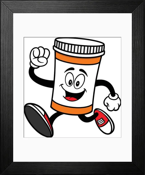 Framed Print : Pill Bottle Run- A Cartoon Illustration of a Pill Bottle Running Framed Print : Pill Bottle Run- A Cartoon Illustration of a Pill Bottle Running