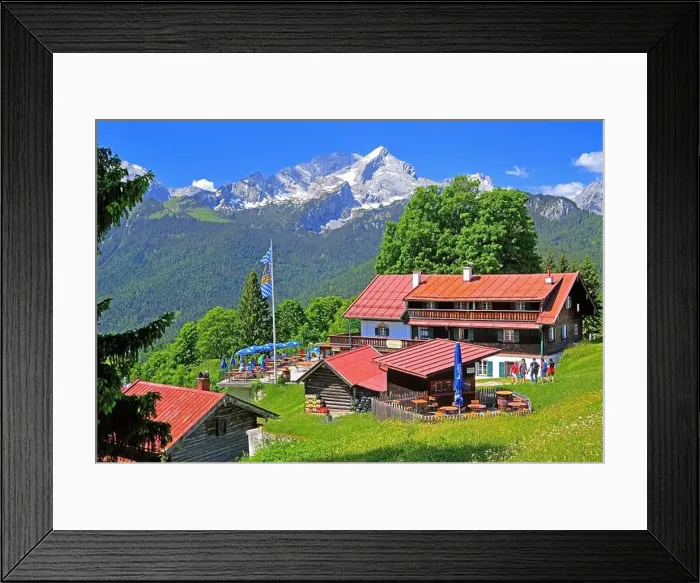 Framed Print : Berggasthof Eckbauer 1237m with sun terrace against the Alpspitze 2628m in the Wetterstein Mountains Framed Print : Berggasthof Eckbauer 1237m with sun terrace against the Alpspitze 2628m in the Wetterstein Mountains