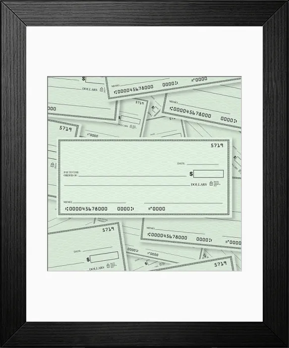 Framed Print : Blank Check Pile Background with Open Space for Your Text Framed Print : Blank Check Pile Background with Open Space for Your Text
