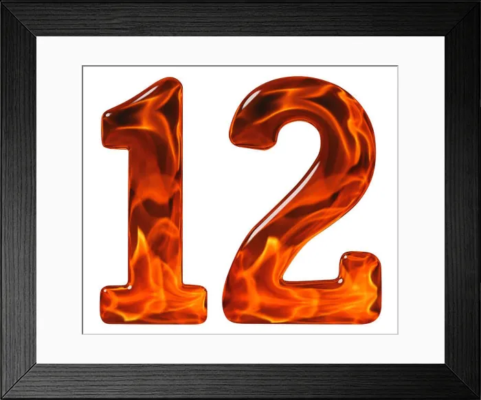 Framed Print : 12, twelve, numeral from glass with an abstract pattern of a flaming fire, isolated on white background