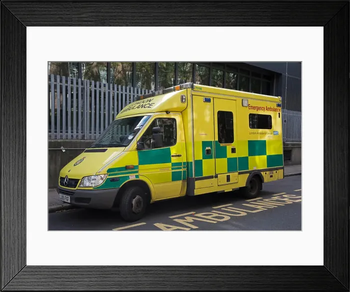 Framed Print : Mercedes London Ambulance service vehicle parked in an ambulance bay outside the Headquarters Framed Print : Mercedes London Ambulance service vehicle parked in an ambulance bay outside the Headquarters