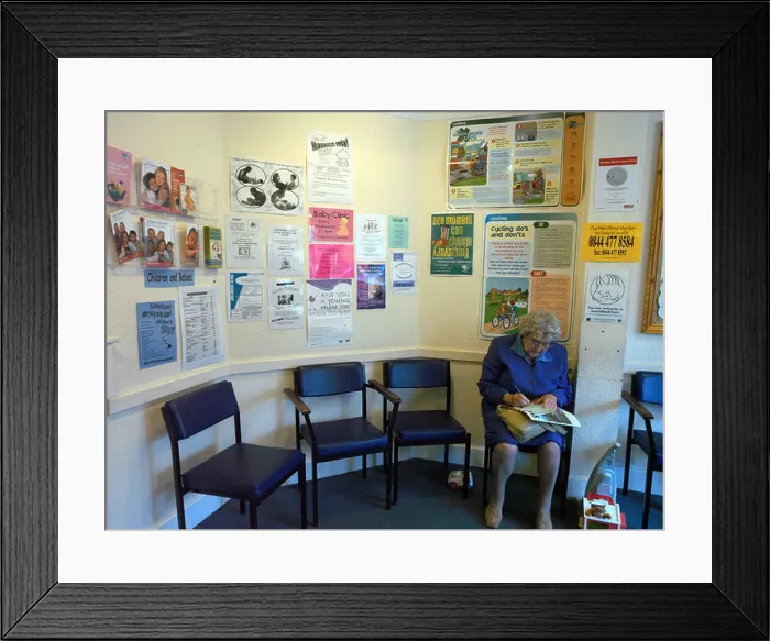 Framed Print : Doctors Surgery Waiting Room with Patient and Notices Cycling Safety Notice Framed Print : Doctors Surgery Waiting Room with Patient and Notices Cycling Safety Notice
