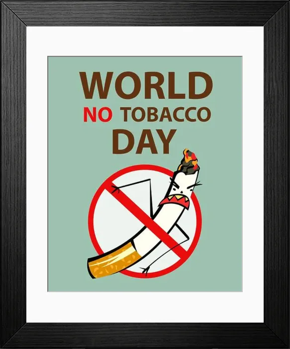 Framed Print : World no tobacco day poster, crossed evil cigarette, retro style vector illustration Framed Print : World no tobacco day poster, crossed evil cigarette, retro style vector illustration