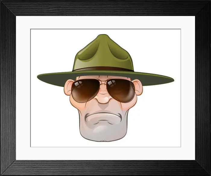 Framed Print : A cartoon angry army boot camp drill sergeant or state trooper or park ranger Framed Print : A cartoon angry army boot camp drill sergeant or state trooper or park ranger