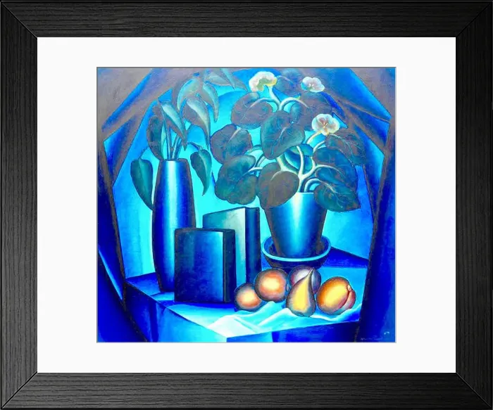 Framed Print : Gregor Perušek artwork - Still Life - Flower vase and houseplant together with various fruits in blue setting Framed Print : Gregor Perušek artwork - Still Life - Flower vase and houseplant together with various fruits in blue setting