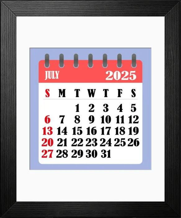 Framed Print : Letter calendar for July 2025. The week begins on Sunday Framed Print : Letter calendar for July 2025. The week begins on Sunday