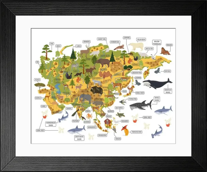 Framed Print : Flat Asian flora and fauna map constructor elements