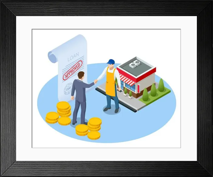 Framed Print : Isometric small business loan form financial concept. Shop that get loans from bank without collateral Framed Print : Isometric small business loan form financial concept. Shop that get loans from bank without collateral