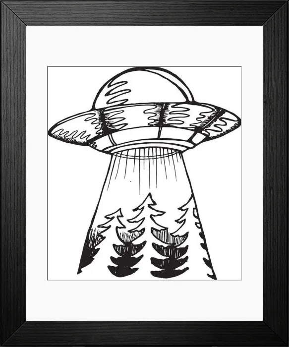 Framed Print : Illustration of a spaceship. Alien ship and forest. Idea for tattoo Framed Print : Illustration of a spaceship. Alien ship and forest. Idea for tattoo