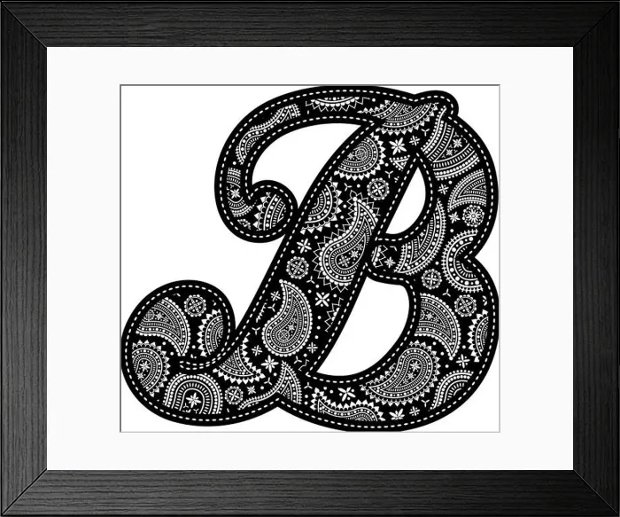 Framed Print : capital letter B with paisley pattern design. Embroidery style in black color. Isolated on white Framed Print : capital letter B with paisley pattern design. Embroidery style in black color. Isolated on white