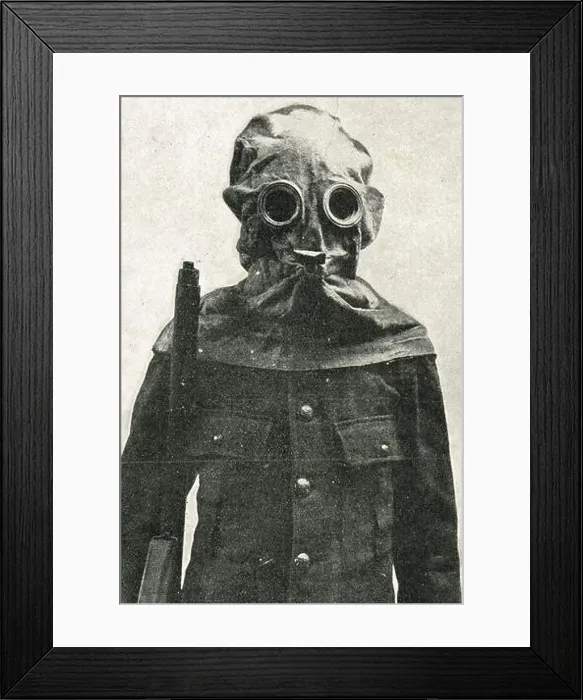 Framed Print : Trench helmet for poison gas protection, WW1 Framed Print : Trench helmet for poison gas protection, WW1