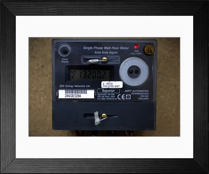 Framed Print : Domestic digital electricity meter on the outside of a house, Ipswich, Suffolk, UK Framed Print : Domestic digital electricity meter on the outside of a house, Ipswich, Suffolk, UK