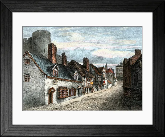 Framed Print : Street of Castle Gate, Shrewsbury, England, in Tudor times. Hand-colored woodcut Framed Print : Street of Castle Gate, Shrewsbury, England, in Tudor times. Hand-colored woodcut