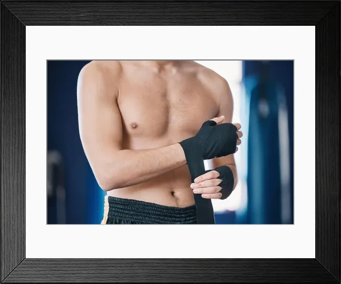 Framed Print : Sports, boxing and man wrap hands in gym for training Framed Print : Sports, boxing and man wrap hands in gym for training