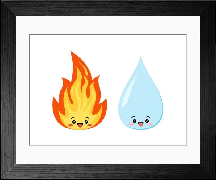 Framed Print : Water drop and fire flame cute emoji character isolated on a white background Framed Print : Water drop and fire flame cute emoji character isolated on a white background