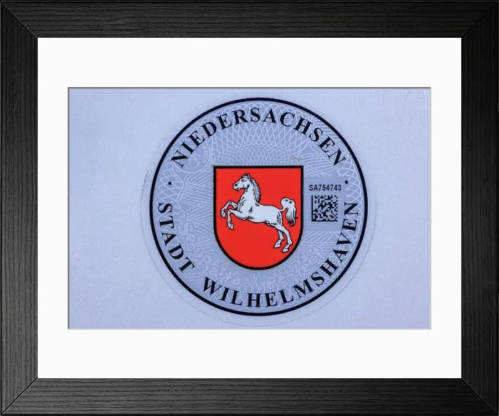 Framed Print : Registration sticker of the city of Wilhelmshaven, on the rear license plate, Wilhelmshaven, Lower Saxony, Germany Framed Print : Registration sticker of the city of Wilhelmshaven, on the rear license plate, Wilhelmshaven, Lower Saxony, Germany
