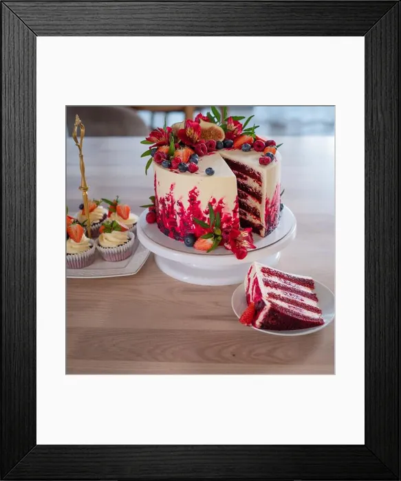 Framed Print : Big beautiful red velvet cake, with flowers and berries on top Framed Print : Big beautiful red velvet cake, with flowers and berries on top