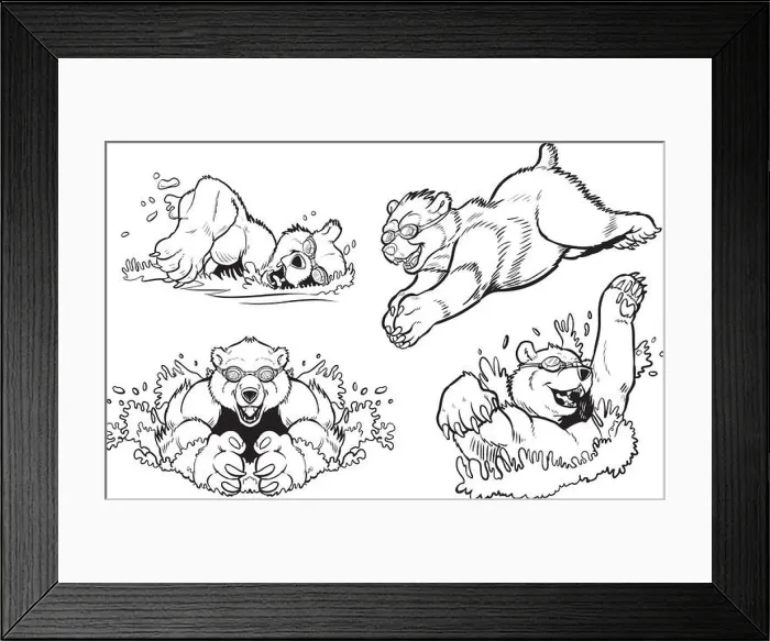 Framed Print : Black and White Vector cartoon clip art illustration set of bears swimming and diving with goggles on Framed Print : Black and White Vector cartoon clip art illustration set of bears swimming and diving with goggles on
