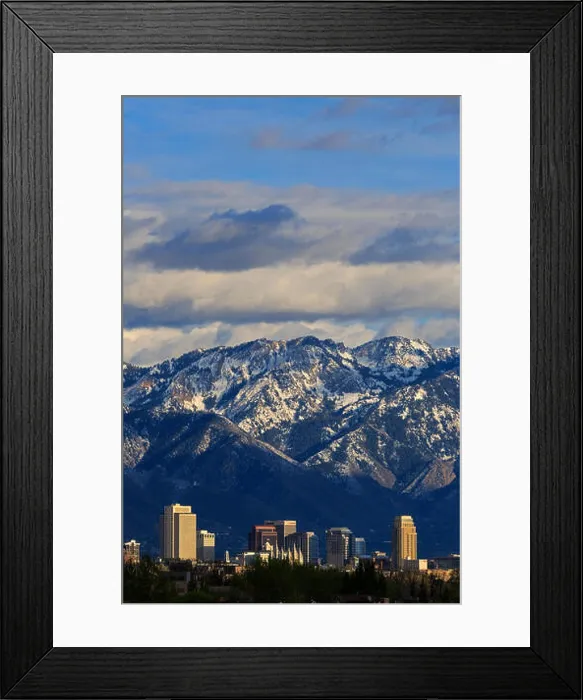 Framed Print : This is a vertical view of the downtown buildings of the Salt Lake City Utah USA with the snow-capped Wasatch Mountains Framed Print : This is a vertical view of the downtown buildings of the Salt Lake City Utah USA with the snow-capped Wasatch Mountains