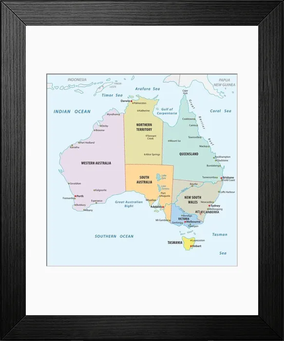 Framed Print : simple vector outline administrative and political vector map of australia