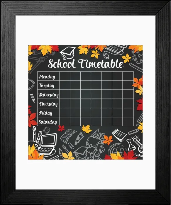 Framed Print : School timetable design of weekly lesson schedule on black chalkboard Framed Print : School timetable design of weekly lesson schedule on black chalkboard