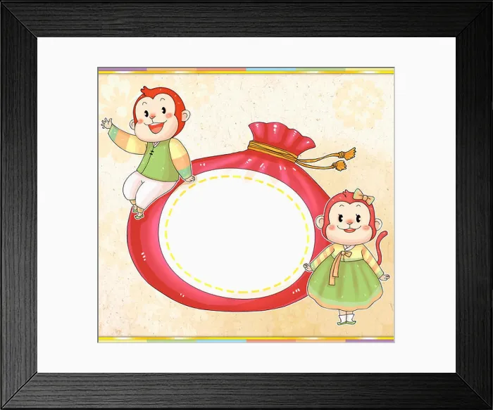 Framed Print : Two smiling monkeys in traditional Korean clothes with a fortune bag Framed Print : Two smiling monkeys in traditional Korean clothes with a fortune bag