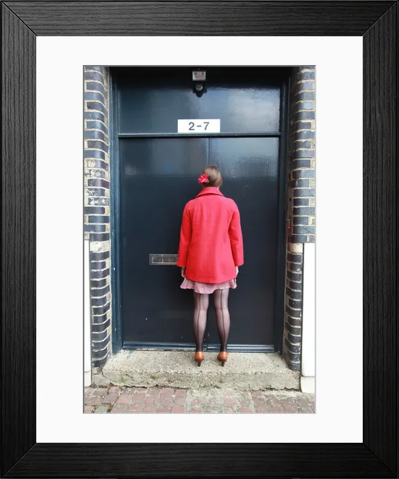 Framed Print : Woman, back view, wearing black seamed stockings Framed Print : Woman, back view, wearing black seamed stockings