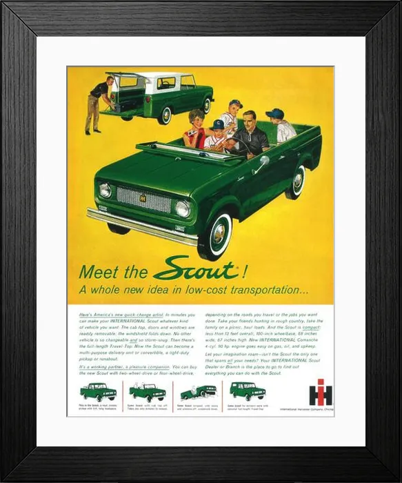 Framed Print : 1961 Scout car ad - Meet the Scout: a whole new idea in low-cost transportation International Harvester Company