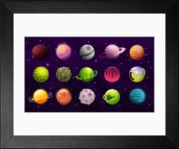 Framed Print : Alien planets, galaxy fantasy worlds cartoon icons