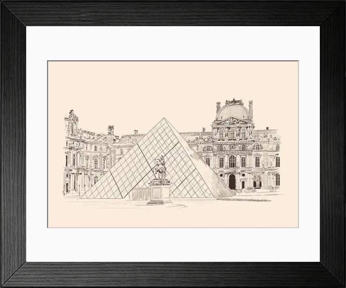 Framed Print : The Louvre Museum of Art in Paris France. Pencil sketch on a beige background Framed Print : The Louvre Museum of Art in Paris France. Pencil sketch on a beige background