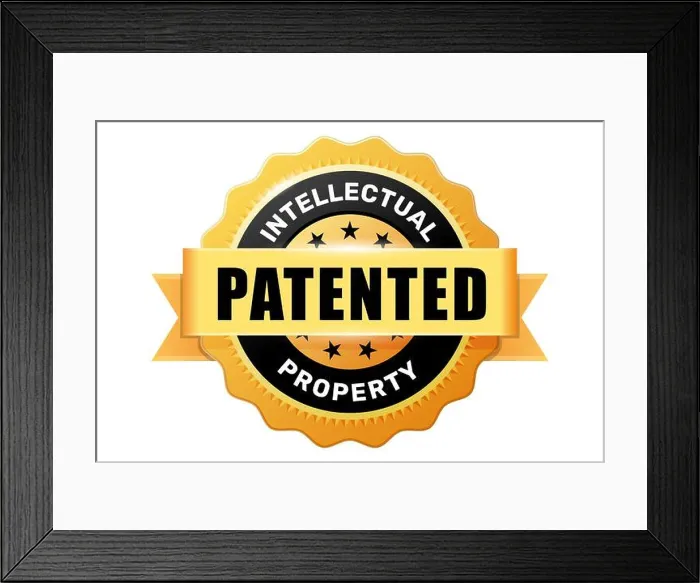 Framed Print : Patented, gold medal or badge, intellectual property and rights holder emblem or seal, vector