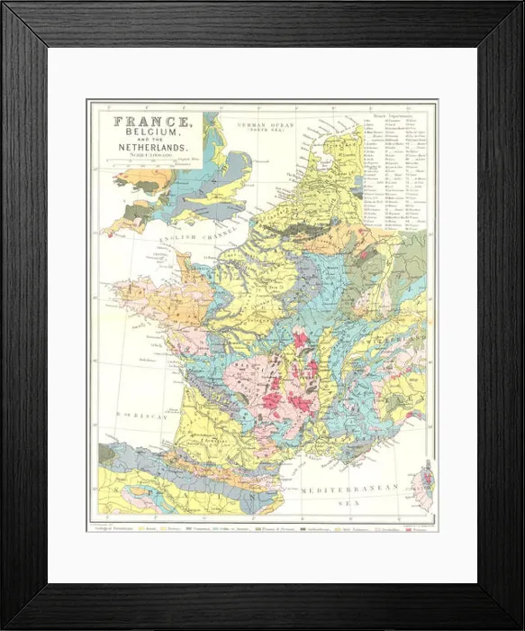 Framed Print : FRANCE: Belgium & Netherlands geological, c1885 antique map Framed Print : FRANCE: Belgium & Netherlands geological, c1885 antique map