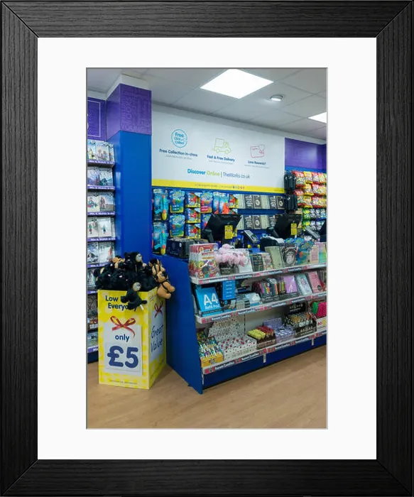 Framed Print : photos inside and outside of The Works store in Brighton showing the products that they sell Framed Print : photos inside and outside of The Works store in Brighton showing the products that they sell