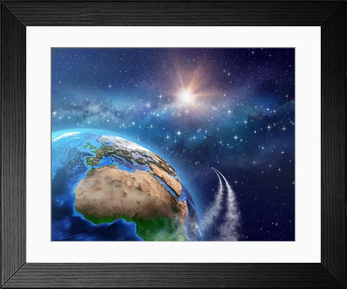 Framed Print : Spaceships or satellites in orbit around the Earth Framed Print : Spaceships or satellites in orbit around the Earth