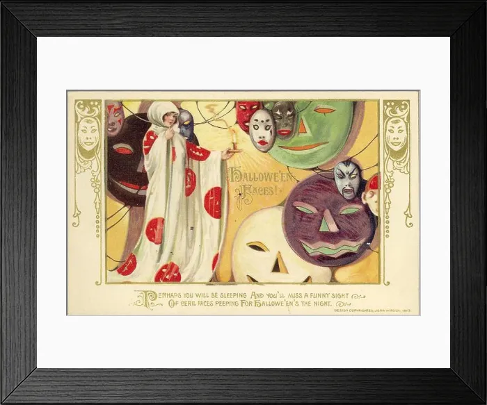 Framed Print : Hallowe'en faces, 1913. Vintage Archive Halloween Postcard, circa 1910s Framed Print : Hallowe'en faces, 1913. Vintage Archive Halloween Postcard, circa 1910s