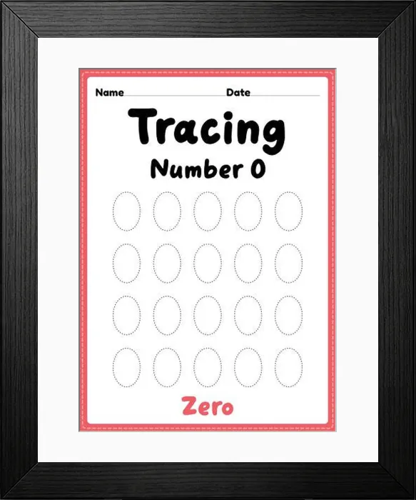 Framed Print : Tracing number 0 worksheet for kindergarten Framed Print : Tracing number 0 worksheet for kindergarten