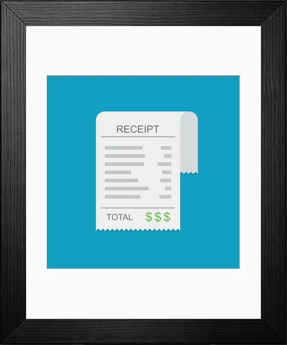 Framed Print : Receipt vector icon in a flat style. Invoice icon, total bill icon with dollar symbol on blue background Framed Print : Receipt vector icon in a flat style. Invoice icon, total bill icon with dollar symbol on blue background