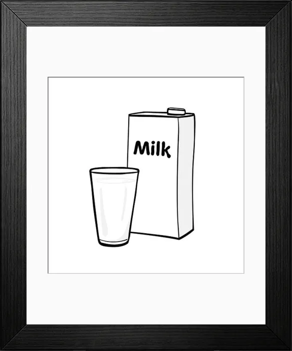 Framed Print : Glass of milk and milk box. Vector illustration isolated on white background. Hand drawing