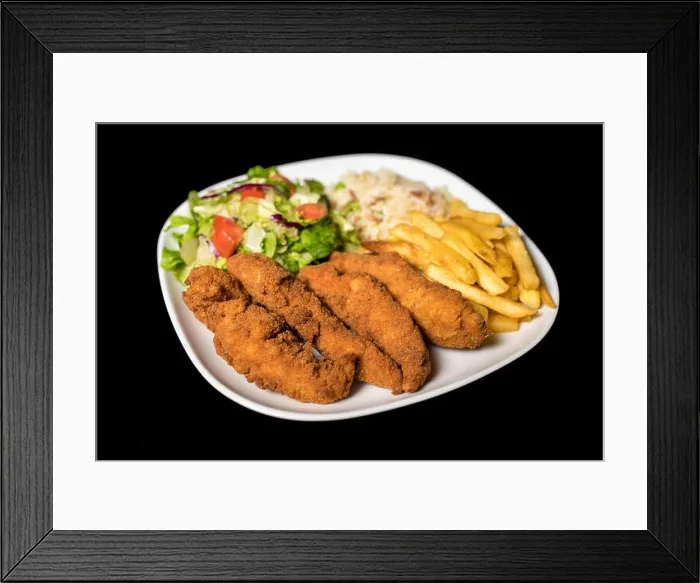 Framed Print : Chicken Goujons served with rice, salad and french friends on plate Framed Print : Chicken Goujons served with rice, salad and french friends on plate