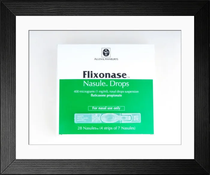 Framed Print : Flixonase 400 micrograms Nasule Drops suspension packaging and nasule Framed Print : Flixonase 400 micrograms Nasule Drops suspension packaging and nasule
