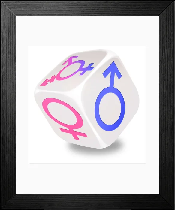 Framed Print : Transgender Non Binary Male Female Symbols Rolling white dice / die with Different sex symbols printed on each side Framed Print : Transgender Non Binary Male Female Symbols Rolling white dice / die with Different sex symbols printed on each side