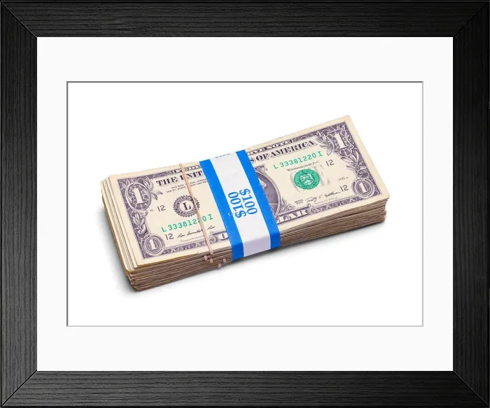 Framed Print : Stack of One Dollar Bills Isolated on a White Background Framed Print : Stack of One Dollar Bills Isolated on a White Background