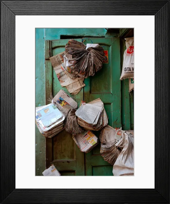 Framed Print : Paper bags made from old newspapers hanging on the door of a store, Varanasi, Uttar Pradesh, India Framed Print : Paper bags made from old newspapers hanging on the door of a store, Varanasi, Uttar Pradesh, India