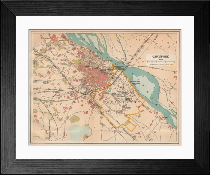 Framed Print : BRITISH INDIA. Cawnpore (Kanpur) city plan showing cantonment, 1929 old map Framed Print : BRITISH INDIA. Cawnpore (Kanpur) city plan showing cantonment, 1929 old map